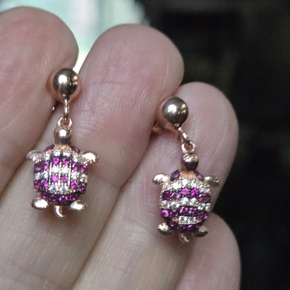 Ruby & white topaz Sterling & gold turtle earnings - Picture 7 of 13